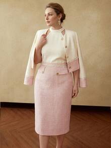 MOTF PREMIUM PLUS SIZE WOMEN'S ELEGANT CONTRAST COLOR TEXTURED METAL BUTTON DECOR SPLIT HEM DRESS - Pink - View 8
