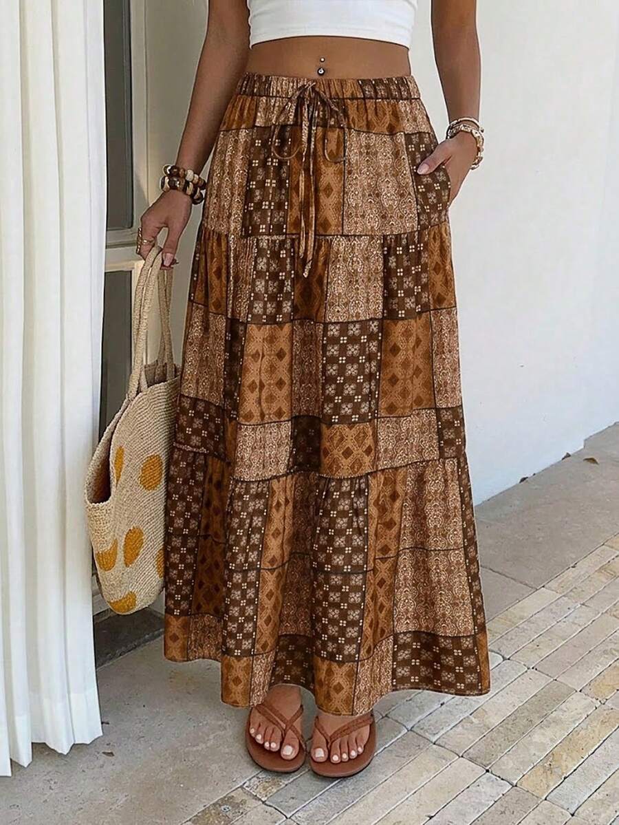 EMERY ROSE Women's Vintage Style Printed Simple Daily A-Line Skirt Fall - Coffee Brown - View 1