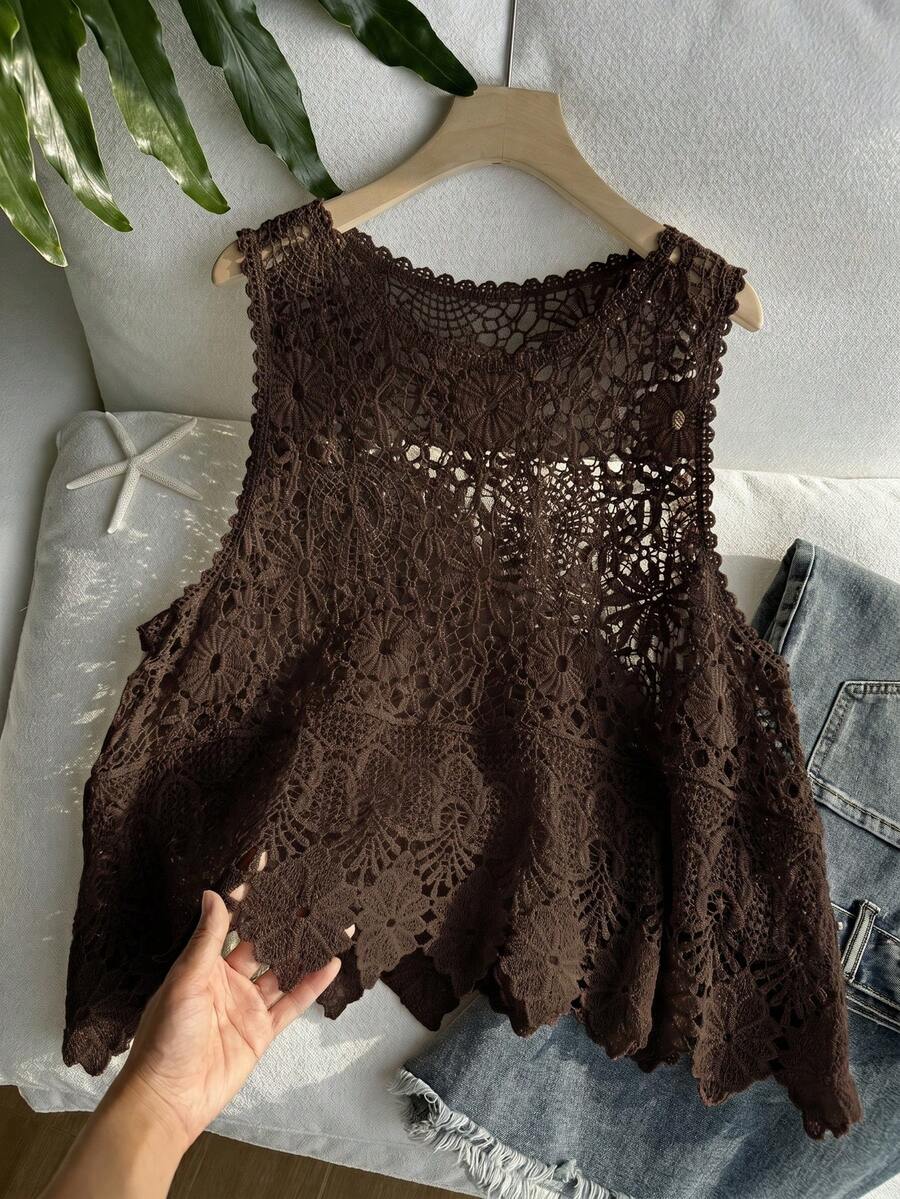SHEIN EZwear 巧克力棕大尺碼女款春夏鏤空針織背心 - 巧克力棕 - 查看 1