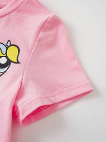 THE POWERPUFF GIRLS X SHEIN 女嬰卡通印花蝴蝶結裝飾T恤短褲套裝 - 粉色 - 查看 6