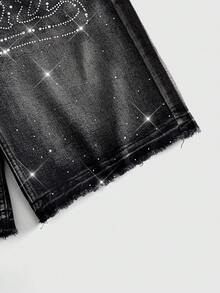 ROMWE MEN Street Life Men's Summer Casual Rhinestone Letter Pattern Denim Shorts - Black - View 4