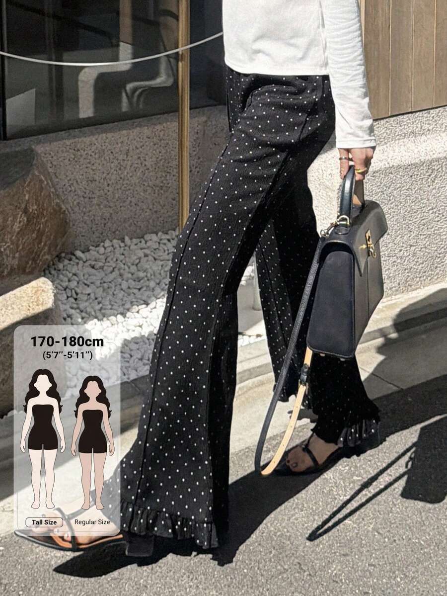 DAZY 女款波點印花荷葉邊喇叭褲優雅長褲,適合高個女性 - 黑色 - 查看 1