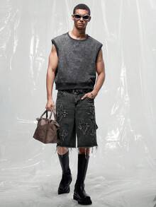 IRON GLYPH American Street Style Patchwork Embroidered Frayed Denim Shorts - Black - View 3