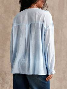 Nubod Elegant Plus Size Women's Loose Ruffle Trim Tie Front Solid Color Blouse Fall - Baby Blue - View 3