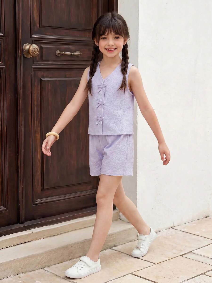 Casuvi Kids 2件套女童无袖条纹编织背心,蝴蝶结装饰,松紧腰宽松休闲短裤,夏季 - 淡紫色 - 查看 1