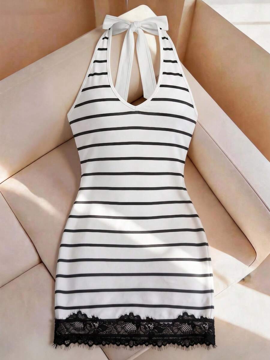 Franclia Vestido elegante de moda para mujer estilo costero chic sexy con encaje y patchwork a rayas negras y blancas, espalda descubierta y cuello halter, para salir de noche, vacaciones y verano - Blanco y Negro - Ver 1