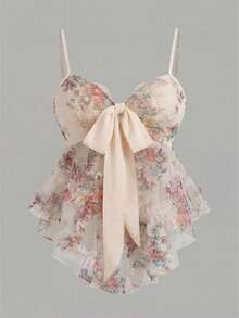 EMERY ROSE 女士优雅花卉网纱印花修身吊带背心，胸前系带设计，百搭时尚，适合优雅场合、通勤和休闲穿着，也适合波西米亚音乐节、度假和夏季海滩等场合。 - 杏色 - 查看 1