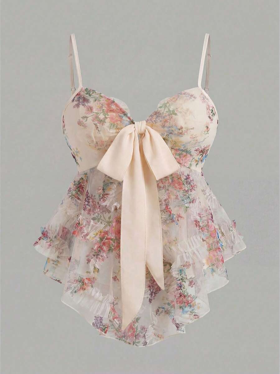 EMERY ROSE 女士优雅花卉网纱印花修身吊带背心,胸前系带设计,百搭时尚,适合优雅场合、通勤和休闲穿着,也适合波西米亚音乐节、度假和夏季海滩等场合。 - 杏色 - 查看 1