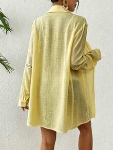 Swim Vcay 女款度假對比蕾絲長袖襯衫式和服罩衫 - 淡黃色 - 查看 2