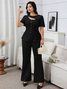 Modelyn Plus Size Women's Solid Color 3D Floral Decor Cutout Design Button Elegant Blouse Teachers' Day Office Black And White Summer - Black - View 4