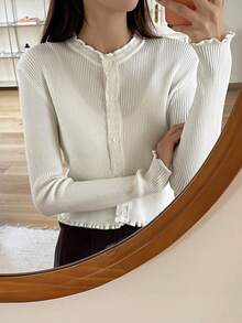 Dazy Tall Women's Round Neck Long Sleeve Fitted Cardigan With Frill Trim, Urban Casual Elegant Style Fall - White - View 3