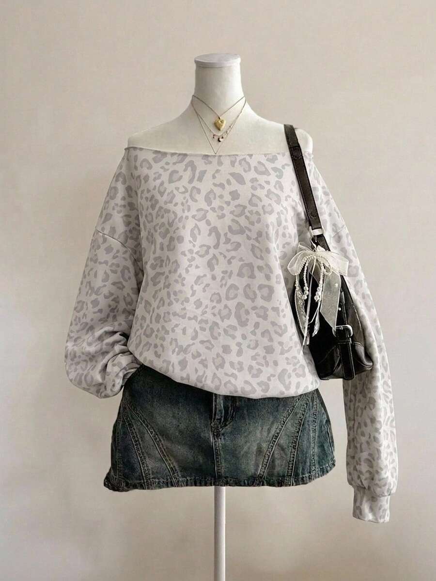 Attitoon 女款休閒露肩寬鬆豹紋衛衣,秋冬款,休閒女裝,適合日常通勤、約會、派對、夏季、聖誕節、新年、感恩節、婚禮、海灘、畢業典禮,優雅街頭風 - 彩色 - 查看 1