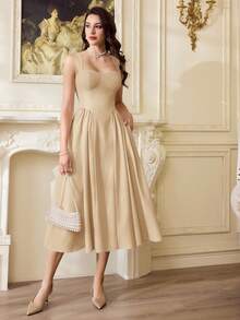 Vintamour Vintage Elegant Women Dress With Pockets Casual Tea Party Dress Festivals Party Summer Khaki Green - Khaki - View 2