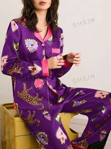 Chillnights 情人節年輕時尚活力愛心豹紋眼花印花翻領前開襟緞面女款睡衣套裝 - 紫色 - 查看 5