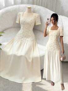 SHEIN Clasi Sommer Neues Mode Quadratischer Ausschnitt Kurzarm Stickerei Perlen Patchwork Tailliert Minimalistisch Exquisit Vielseitig Täglich Damen Langkleid - Aprikosenfarben - Übersicht 4