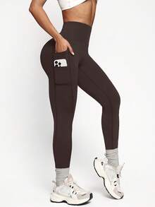 Easithlete Easithlete 女款純色高腰口袋休閒軟綿基本款百搭日常旅行運動緊身內搭褲 健身房穿搭 棕色 夏季 - 棕色 - 查看 7