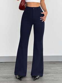 SHEIN EZwear Women's Navy Blue Fitted Flare Leg Knit Pants With Pockets - Navy Blue - View 1