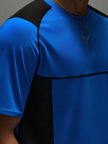 Sport MetroGents Conjunto deportivo de camiseta y pantalones cortos con bloques de color y patchwork para hombres - Azul - Ver 3