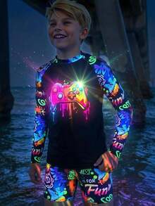 SHEIN Tween Boys Casual Slim Fit Video Game Glow-In-The-Dark Pattern Swimwear Swim Trunks 2pcs, Suitable For Spring/Summer Wear, Perfect For Beach Vacation - Black - View 2