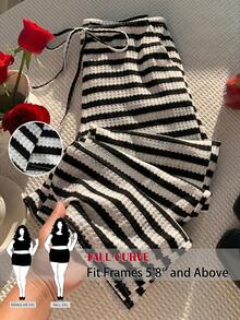 SHEIN Tall CURVE 加大码粉色条纹弹力腰裤 - 黑與白 - 查看 1