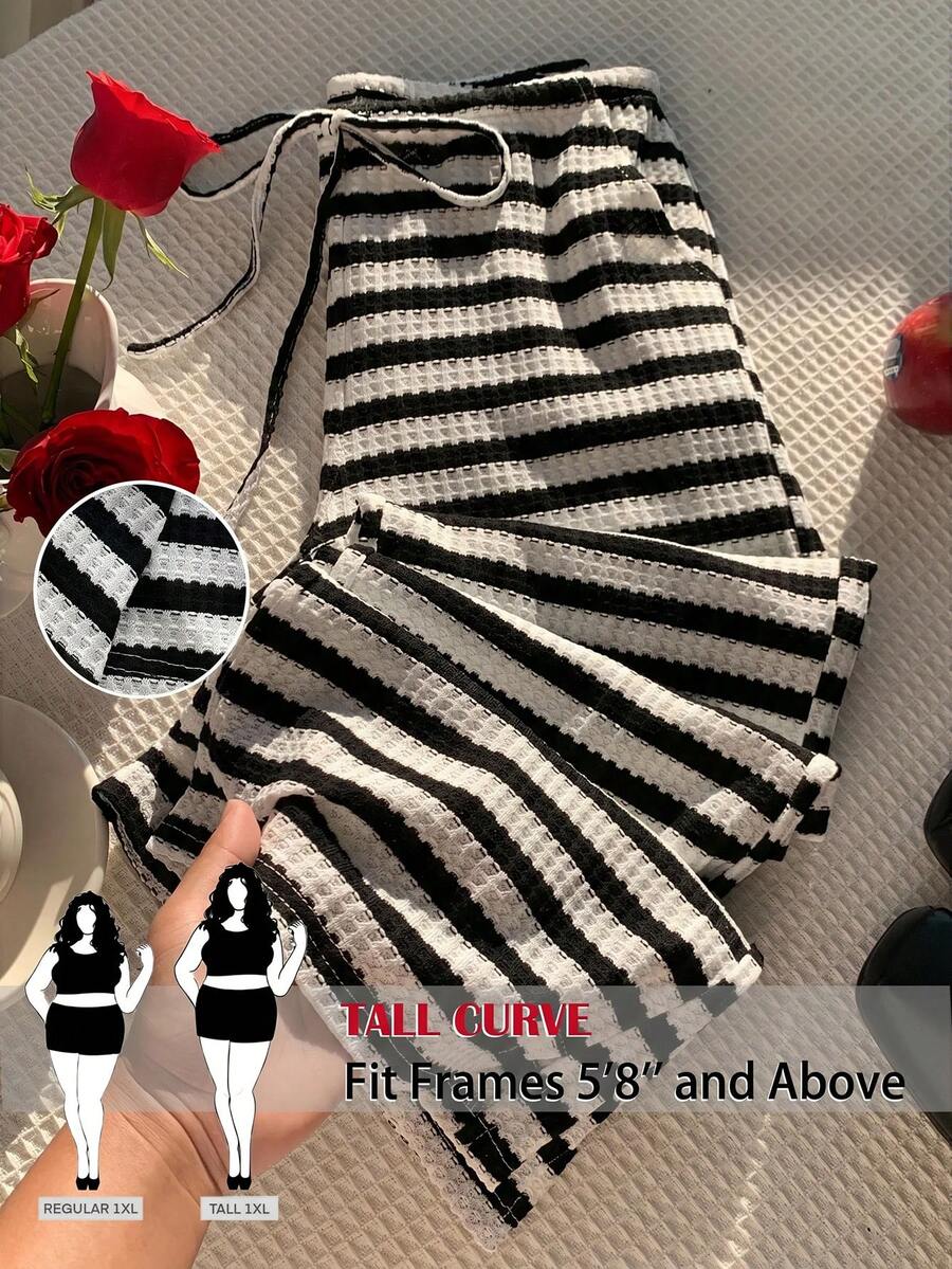 SHEIN Tall CURVE 加大码粉色条纹弹力腰裤 - 黑與白 - 查看 1