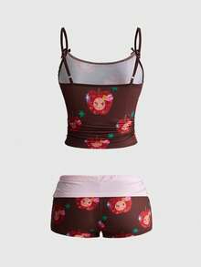 ROMWE J-Fashion 春夏秋性感可愛蘋果印花蕾絲上衣搭配蘋果滿版印花短褲 - 棕色 - 查看 2