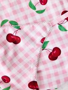 Rina Fox Women V-Neck Cherry Print Camisole, Cute White Plaid Summer Spaghetti Strap Top, Open Back Bodycon Vest, Holiday, Gingham Y2k Sexy Golf - Pink - View 5