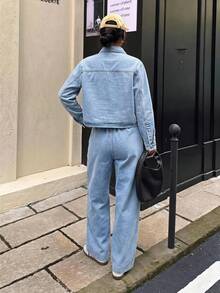 SHEIN 2Pcs Teen Girl Loose-Fitting Long-Sleeved Shirt And Adjustable Drawstring Jeans Black To School - Blue - View 2