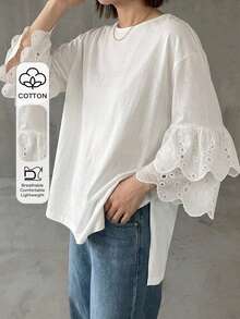 FRIFUL Women's Round Neck Hollow Embroidery Ruffle Cuff Loose T-Shirt - White - View 8
