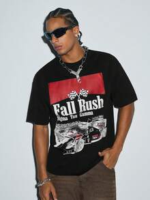 Modcrash Men's Fashion Hiphop Letter & Racing Car Graphic Print Short Sleeve T-Shirt - Black - View 5