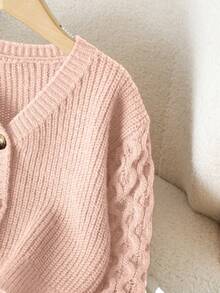 Genkimix Kids New Fashion Versatile Young Girl Commute Minimalist Small V-Neck Brown Cardigan - Pink - View 4