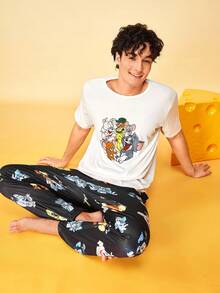 Notgurli TOM & JERRY X SHEIN Men's Cartoon Print Short Sleeve Top And Long Pants Casual Daily Homewear Set - Multicolor - View 7