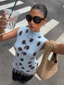 Muchica Women's Geometric Pattern Stand Collar Casual Cute Versatile Daily Wear Knit Top Y2k Brown And Blue Polka Dot Top Vacation Outfits Autumn Outfit - Baby Blue - View 4