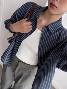 Dazy Tall 女款翻領長袖條紋寬鬆都市休閒襯衫 - 藏蓝色 - 查看 6