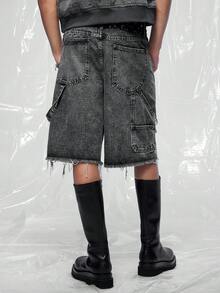 IRON GLYPH American Street Style Patchwork Embroidered Frayed Denim Shorts - Black - View 2