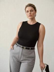MOTF PREMIUM Áo tank top nữ size lớn mùa hè màu trơn ôm sát - màu đen - Xem 3