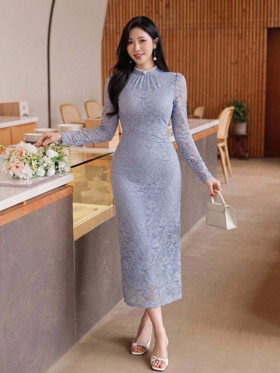 DAZY 女士优雅蕾丝立领中长连衣裙，春夏婚礼宾客礼服 - 藍色 - 查看 1