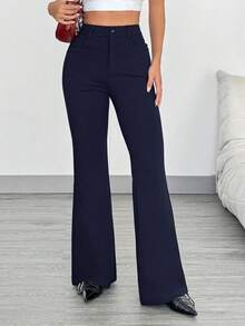 SHEIN EZwear Women's Navy Blue Fitted Flare Leg Knit Pants With Pockets - Navy Blue - View 4