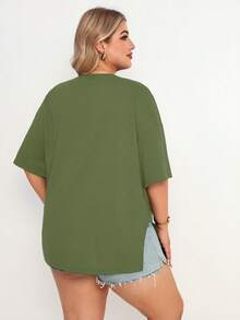 Plussiva Top de maternidad talla grande unicolor cuello redondo manga corta con bajo dividido - Verde - Ver 2
