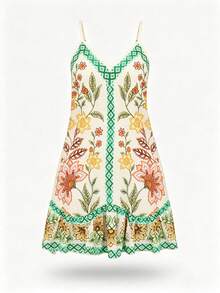 Swim Vcay Gaun Penutup Pantai Wanita dengan Tali Bahu yang Dapat Diatur, Motif Bohemian, Patchwork, dan Hem Berumbai Asimetris, Musim Panas - MultiWarna - View 7
