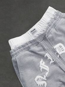 SLATEMANN Men's Letter Embossed Double Layer Drawstring Waist Pocket Casual Shorts - Grey - View 8