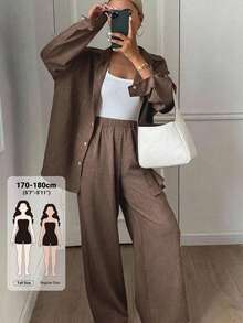 Dazy Tall Women's Lapel Long Sleeve Shirt And Straight Leg Pants Casual 2 Pieces Set Fall - Coffee Brown - View 1