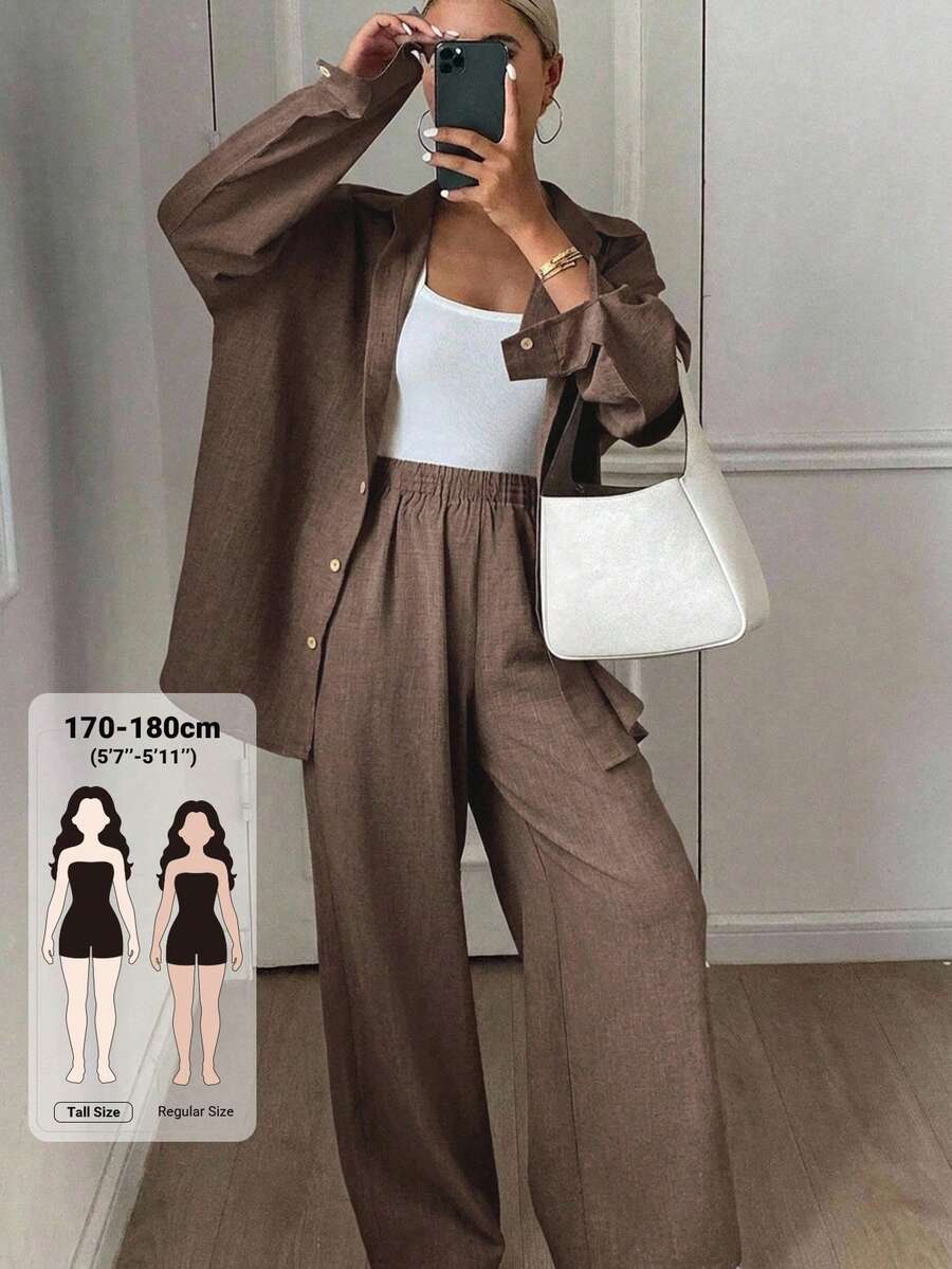 Dazy Tall Women's Lapel Long Sleeve Shirt And Straight Leg Pants Casual 2 Pieces Set Fall - Coffee Brown - View 1