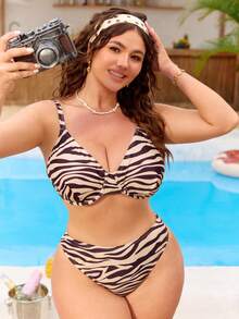 SHEIN Swim Plus Size Women's Summer Beach Zebra Print Sexy Fashion Bikini Two-Piece Swimwear Set - Brown - View 5