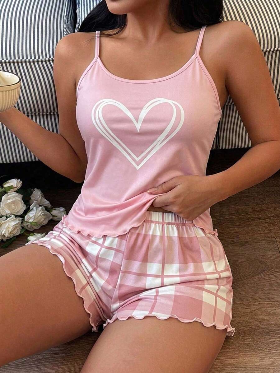 SHEIN Set Piyama Camisole dan Celana Pendek Motif Kotak-kotak Hati untuk Wanita - Berwarna merah muda - View 1