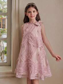 Anewsta Vestido de princesa corto para niña, primavera/verano, nuevo, para fiesta de cumpleaños y banquete del primer año, elegante y lindo, de tela bordada, cuello redondo, decoración de perlas, hombros con lazo desmontable, sin mangas - Rosa Pálido - Ver 4