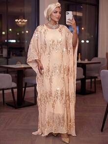 Auveirra Plus Size Women's Sequin Batwing Sleeve Loose Party Dress,Blush Pink,Summer,Country,Elegant,Formal,Wedding Ninang, Al-Adha Ceremony Outfits Vacation - Apricot - View 7