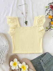 SHEIN 少女夏季休閒鏤空刺繡拼接T恤 - 黃色 - 查看 2