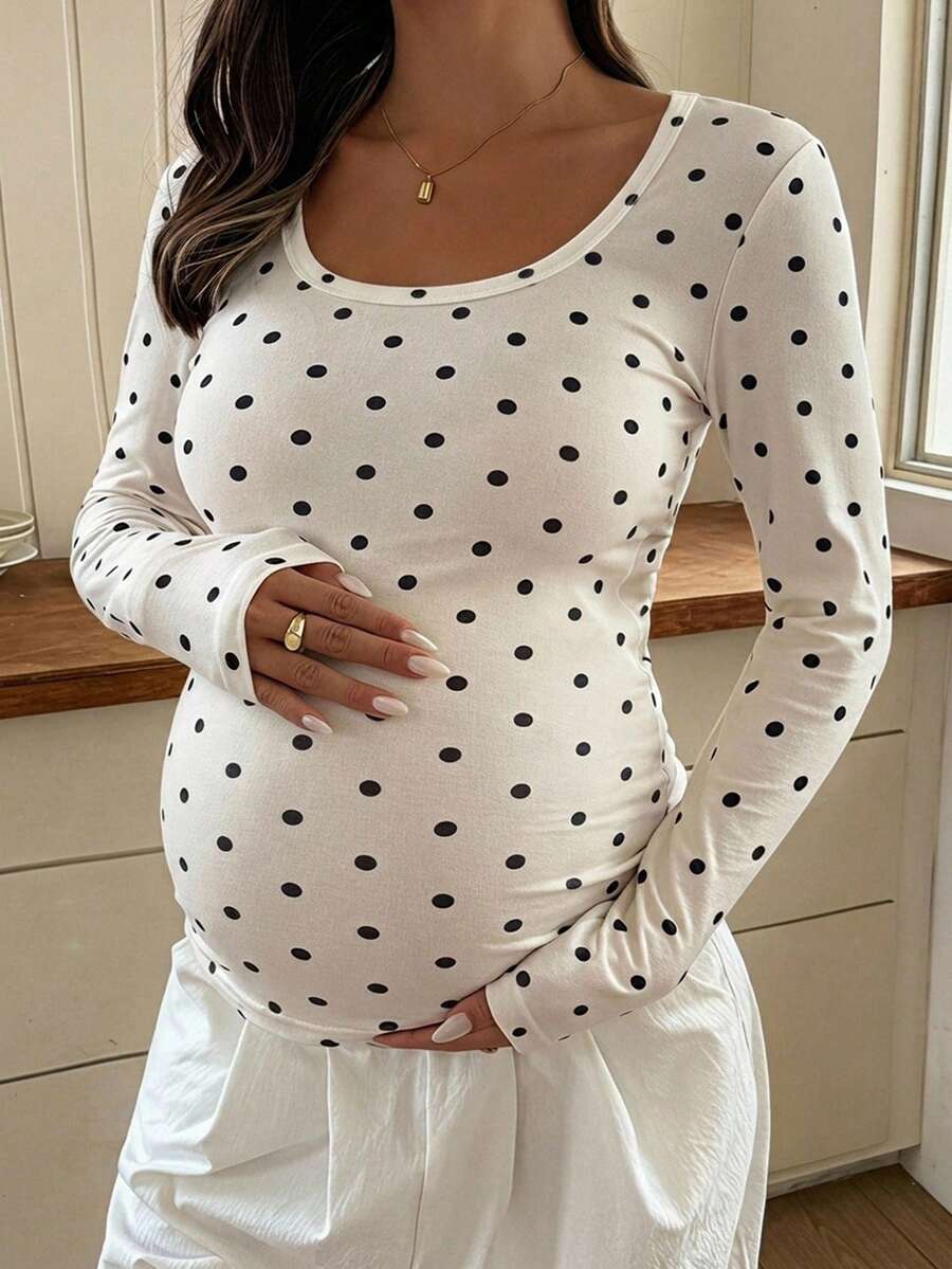 DAZY Fashion Polka Dot Large Scoop Neck Long Sleeve Base Layer T-Shirt For Maternity Daily Wear Early Autumn - Apricot - View 1