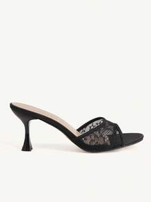 CUCCOO CHICEST Women's Shoes Summer Simple And Delicate Lace Pattern Elements Square Toe Thin Heel Medium Heel Light And Mature Mesh Stitching Fabric - Black - View 2
